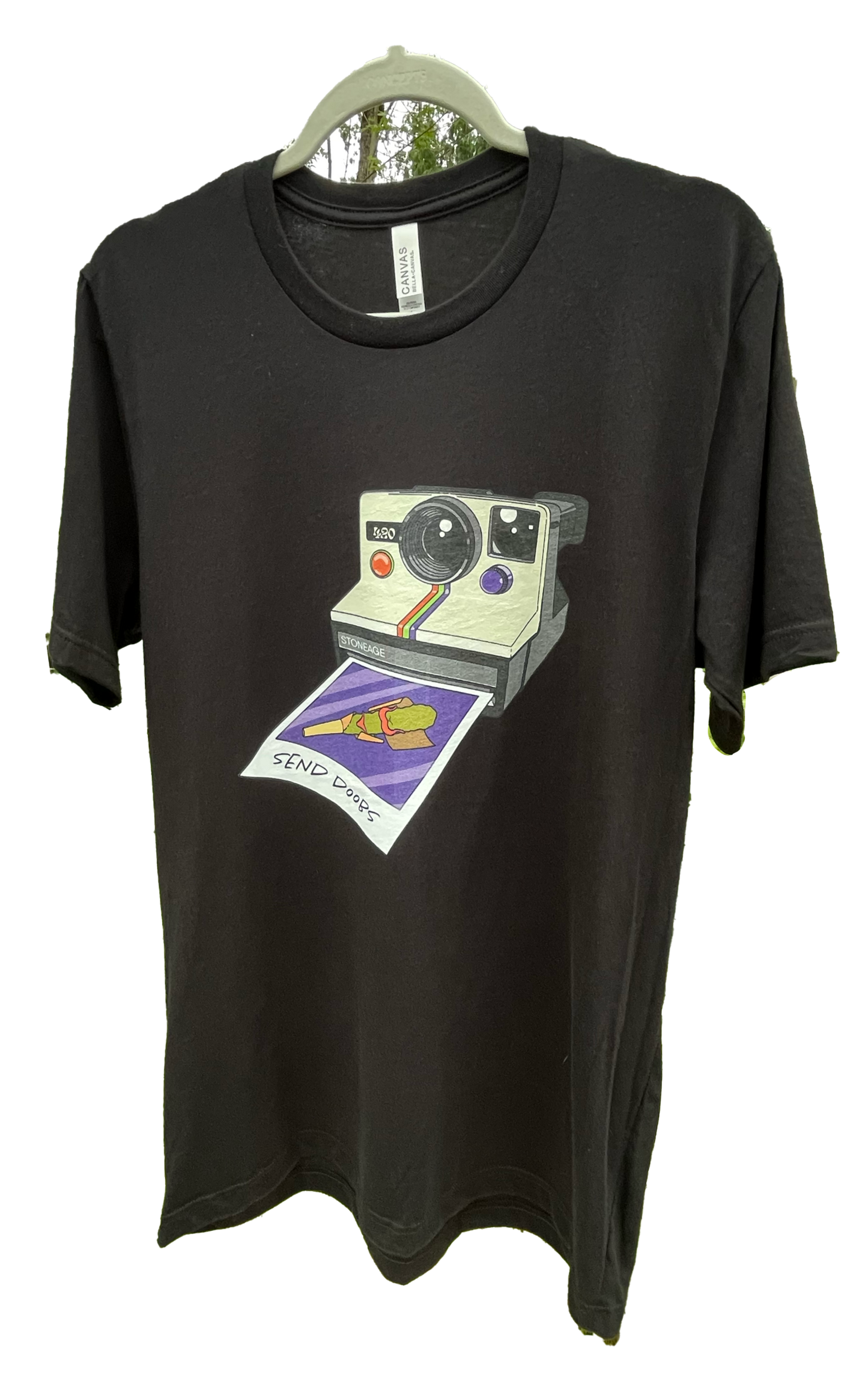Black t-shirt with a graphic design of a vintage camera and joint