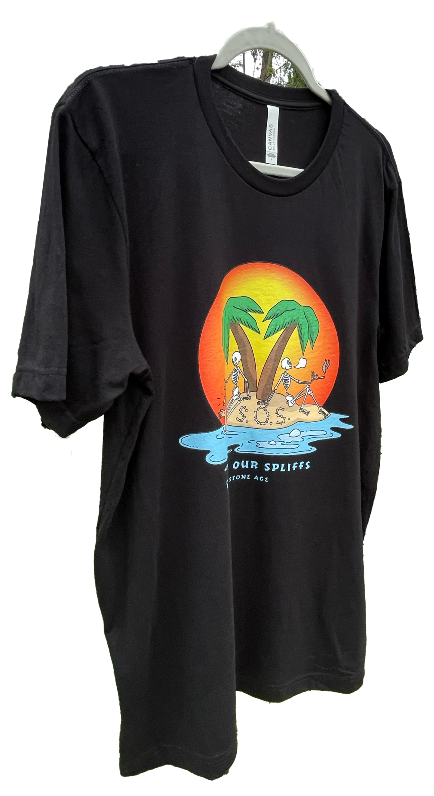 Black t-shirt with a tropical graphic
