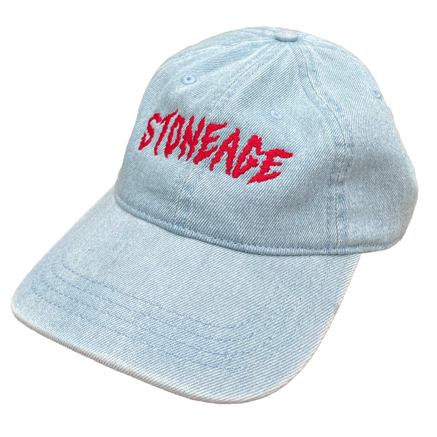 Light blue denim cap with red 'STONEAGE' logo on a white background