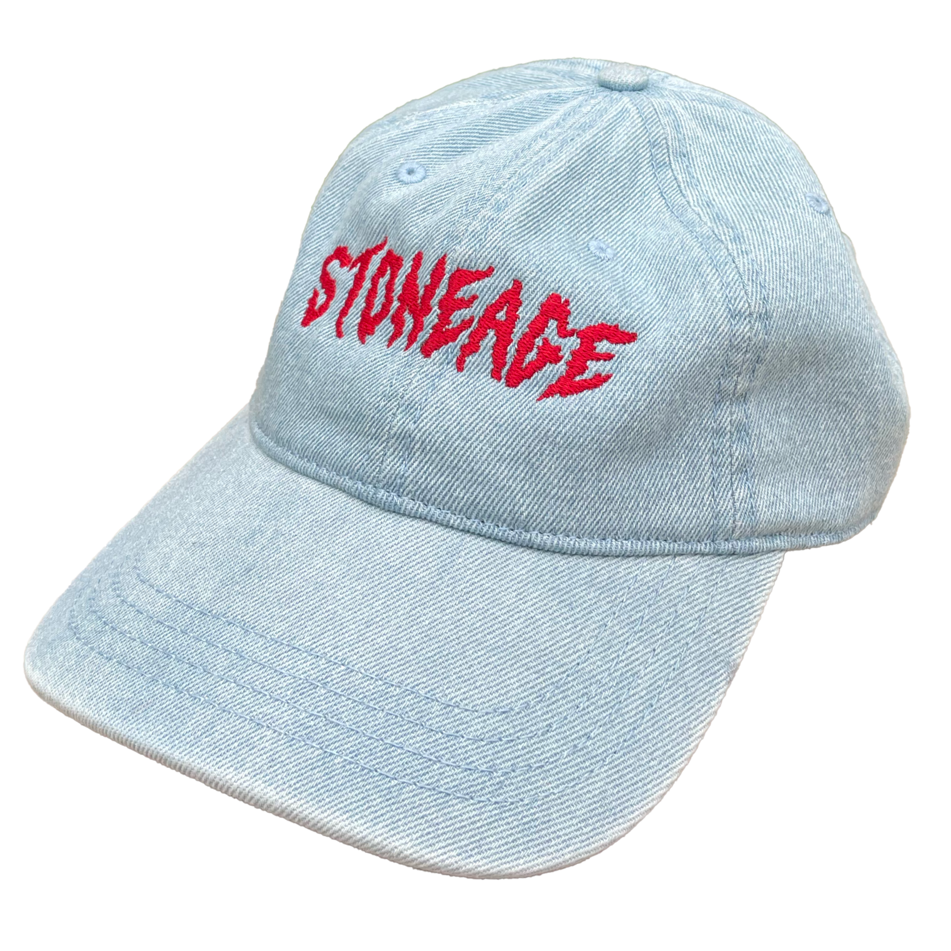 Light blue denim cap with red 'STONEAGE' logo on a white background
