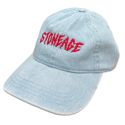 Light blue denim cap with red 'STONEAGE' logo on a white background