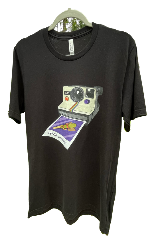 Black t-shirt with a graphic design of a vintage camera and joint 